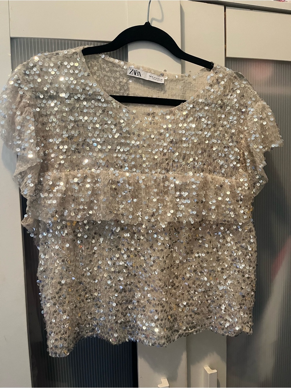 Zara Cream Sequin Ruffled Short Sleeve Top